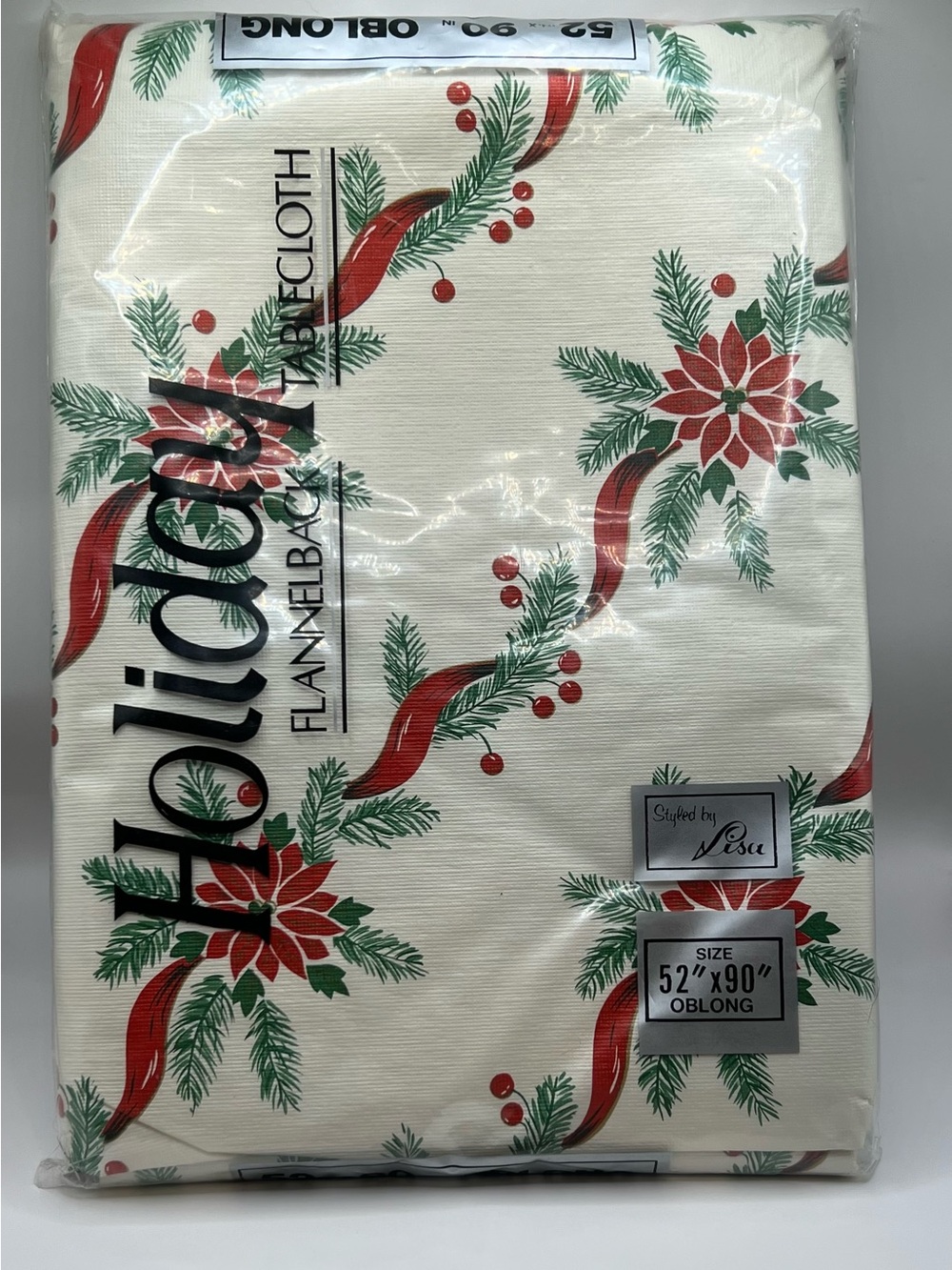 Holiday Flannel-Backed Tablecloth Ribbon Poinsettia 52x90